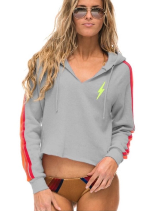 Tops - Aviator Nation Cropped Gray Neon Yellow Hoodie Top Sweatshirt Neon Stripe Sleeve